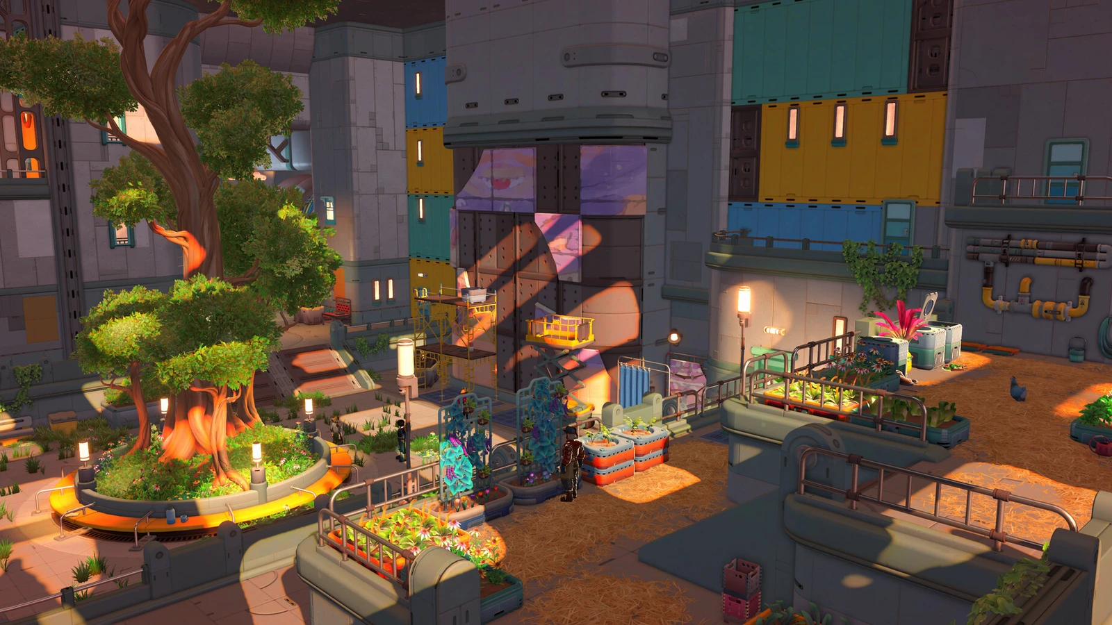 Trees, planted beds and walkways fill a colourful station interior in Young Suns.