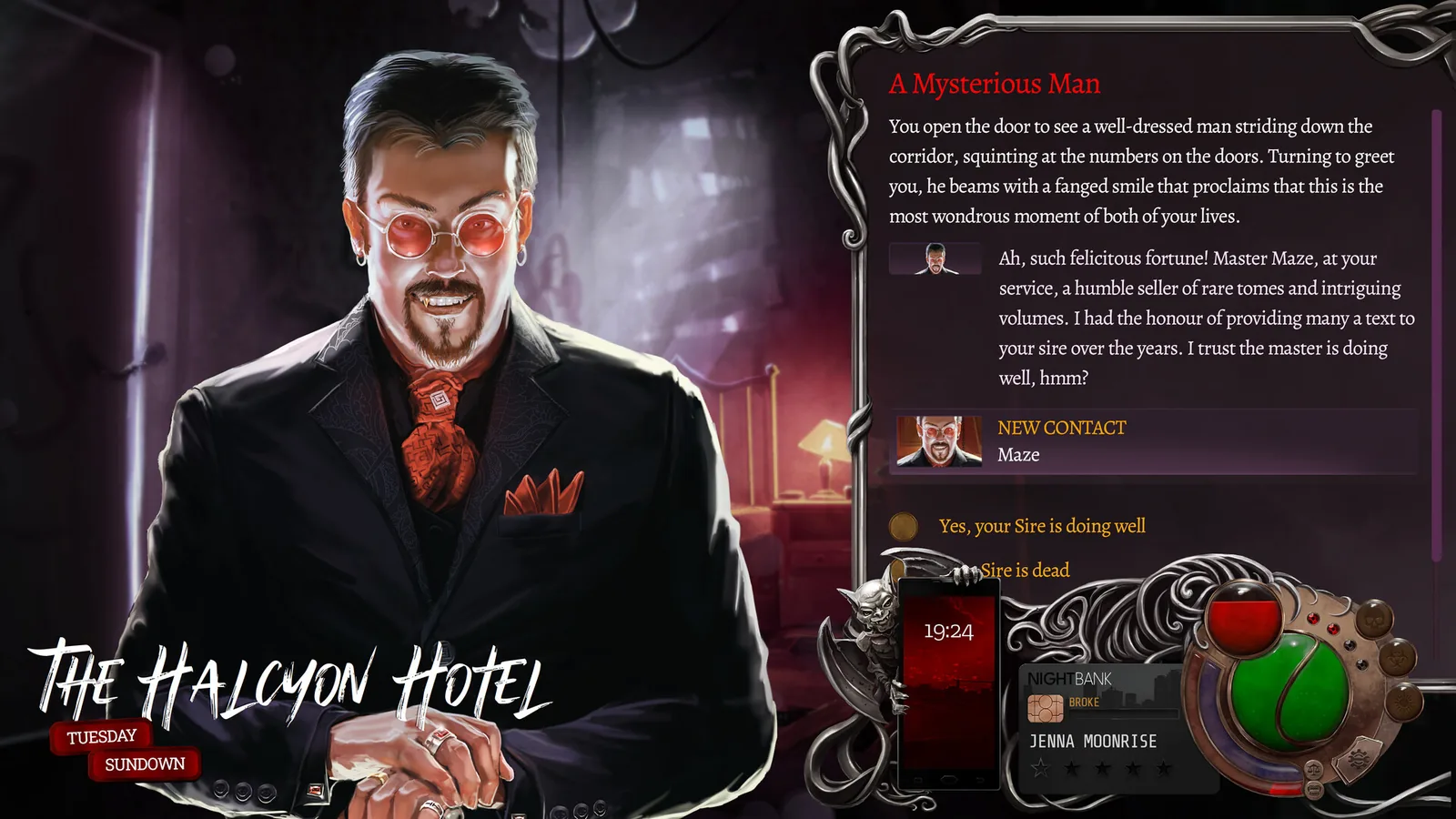 A sharply dressed vampire appears in a hotel scene beside Nighthawks dialogue choices.