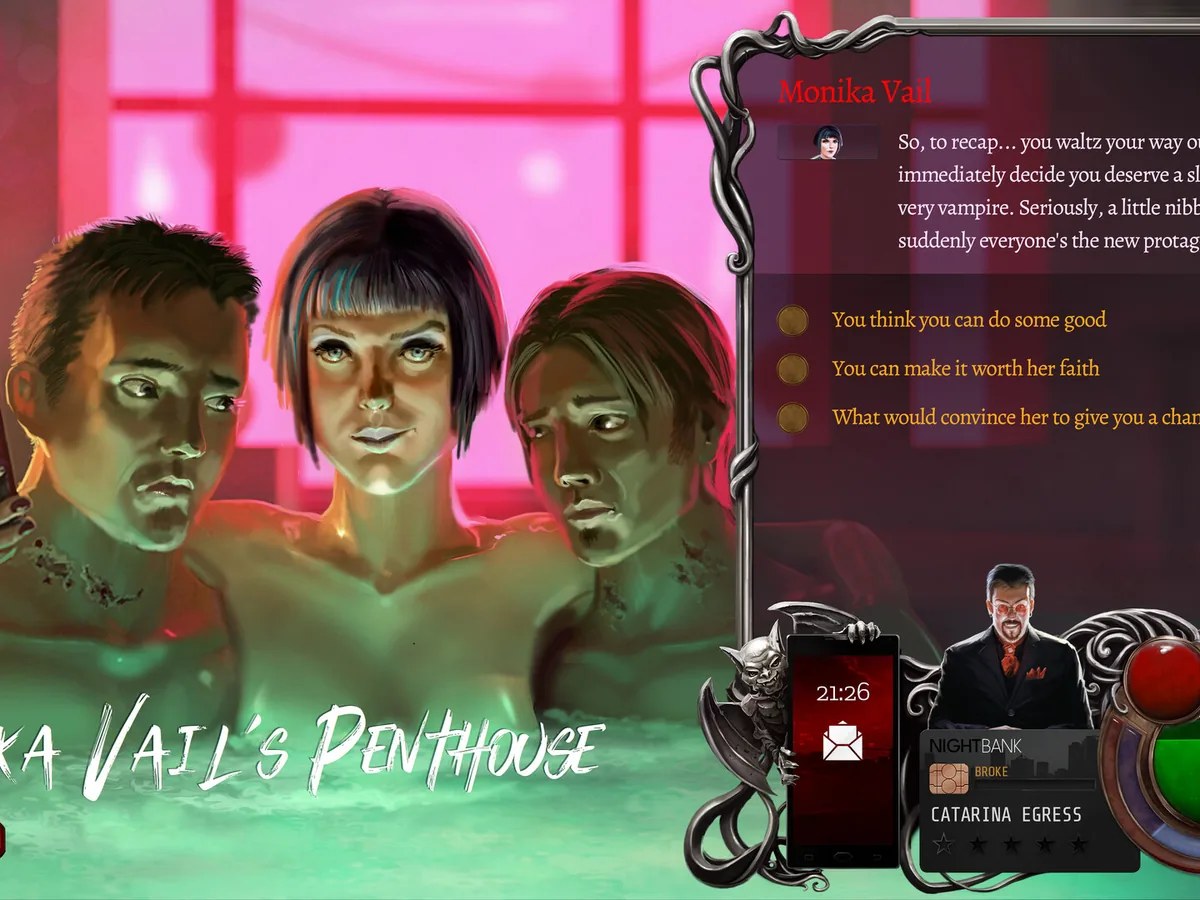 Three people stand in a neon-lit penthouse beside Nighthawks dialogue choices.