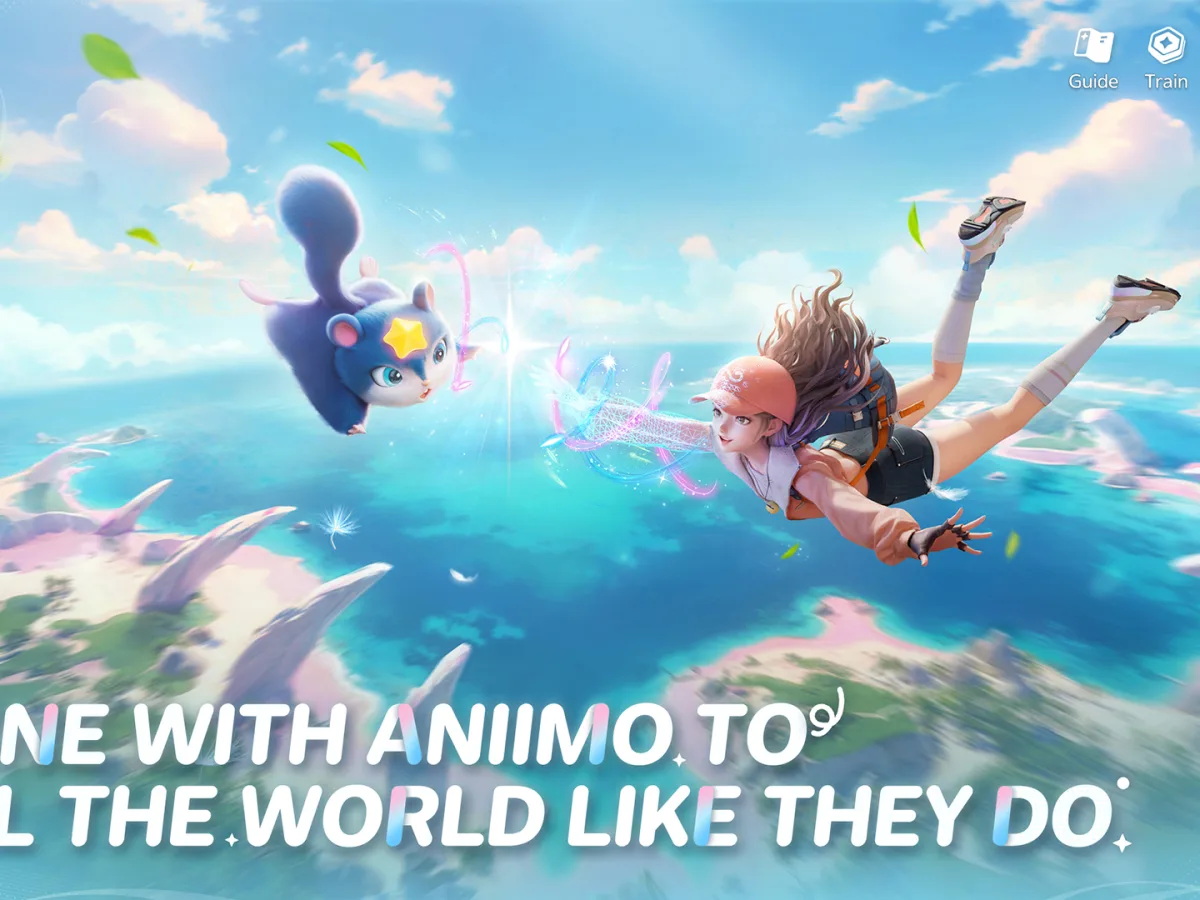 A Pathfinder reaches towards a large blue Aniimo in a sunlit field in official Aniimo artwork.