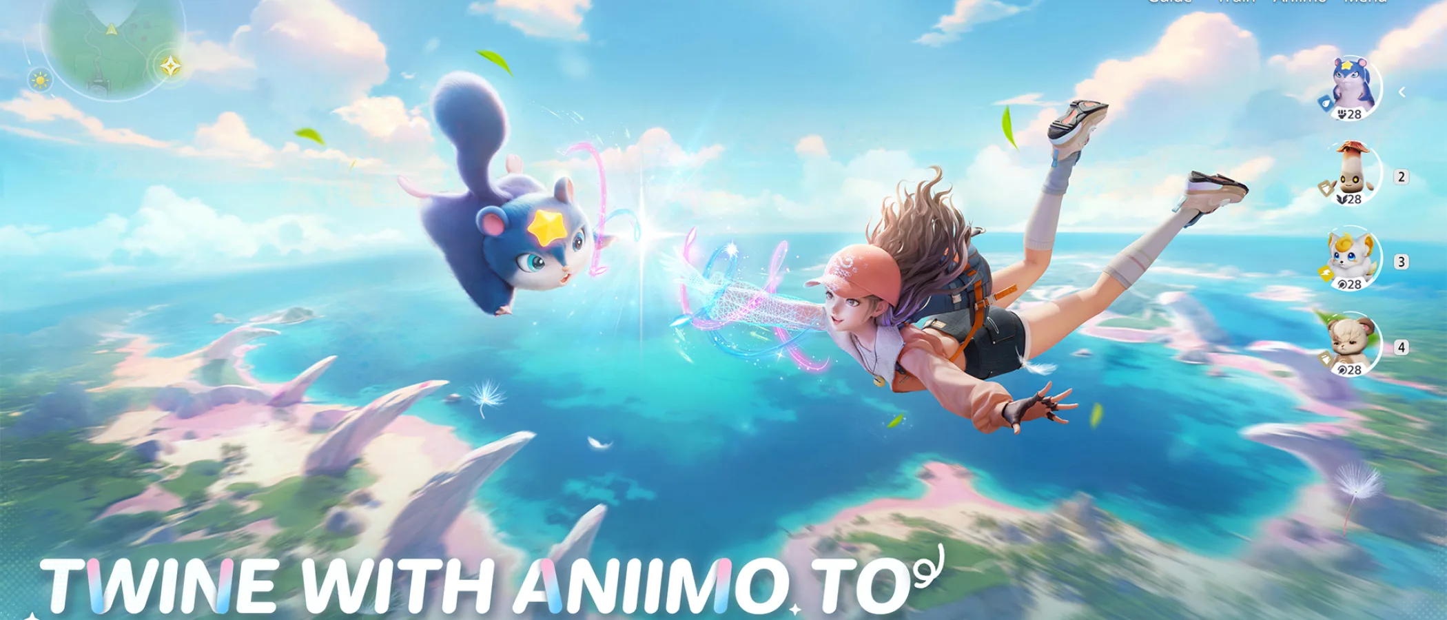 A Pathfinder reaches towards a large blue Aniimo in a sunlit field in official Aniimo artwork.