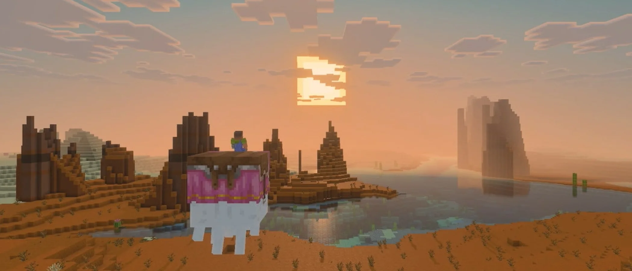 A Minecraft character rides a happy ghast across a sunlit mesa landscape with reflections on the water below.