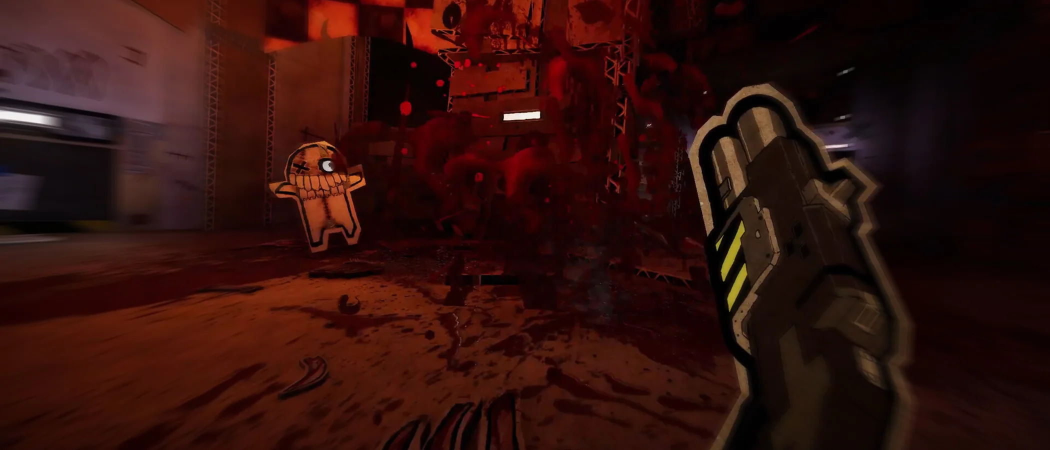 A cardboard enemy stands in a red-lit research facility as the player holds a weapon in the foreground.