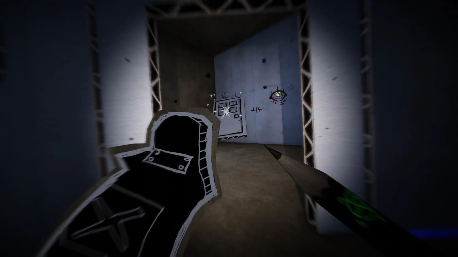 A pencil points towards a hand-drawn door on a cardboard wall inside PAPERHEAD's research facility.