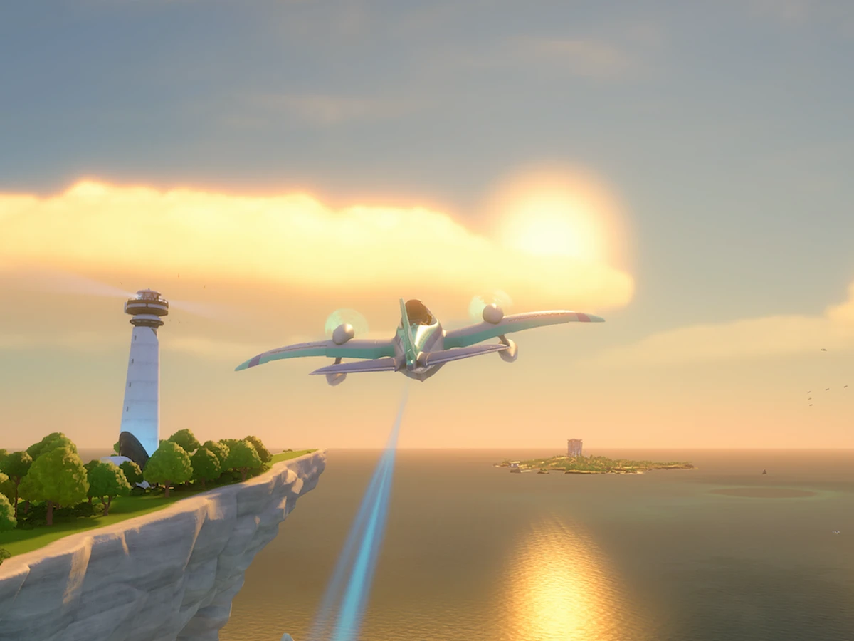 A prop plane flies past the lighthouse on Wuhu Island at sunset