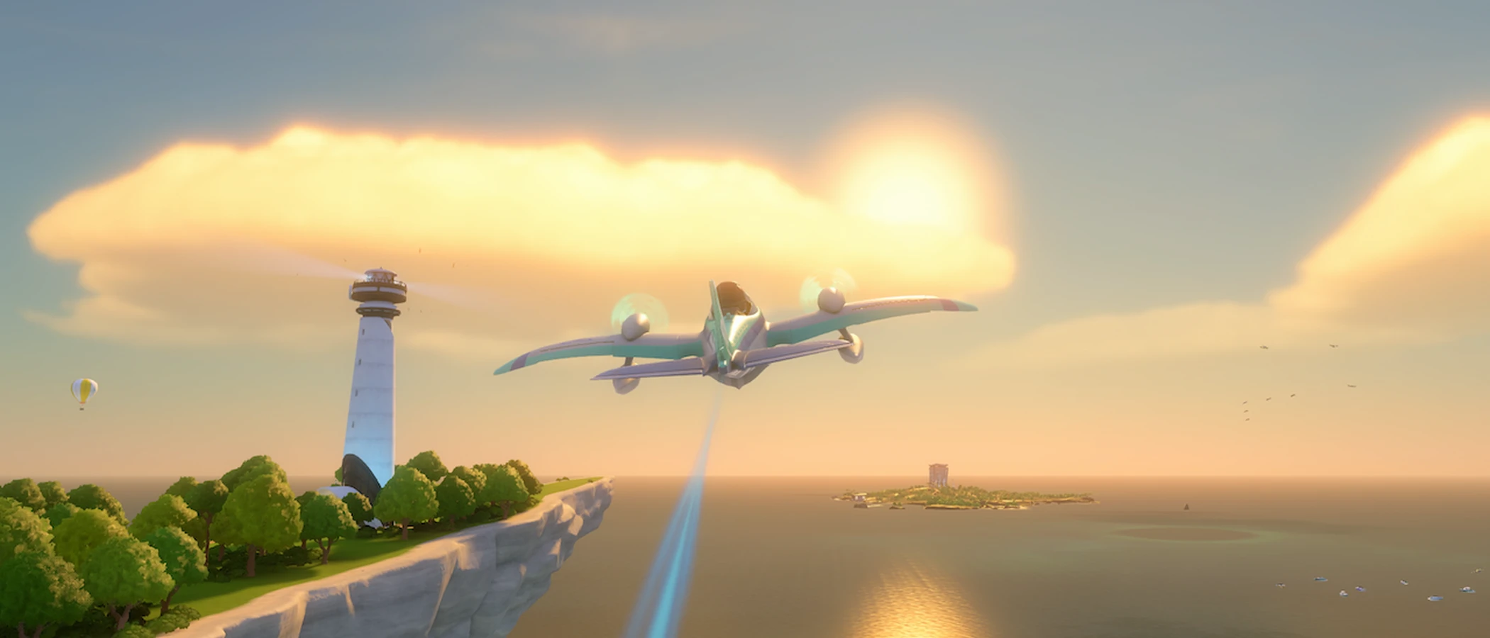 A prop plane flies past the lighthouse on Wuhu Island at sunset