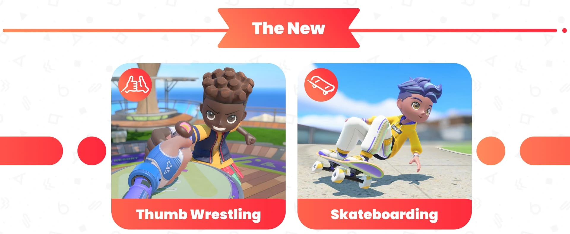 Nintendo artwork shows Thumb Wrestling and Skateboarding in Sports Resort