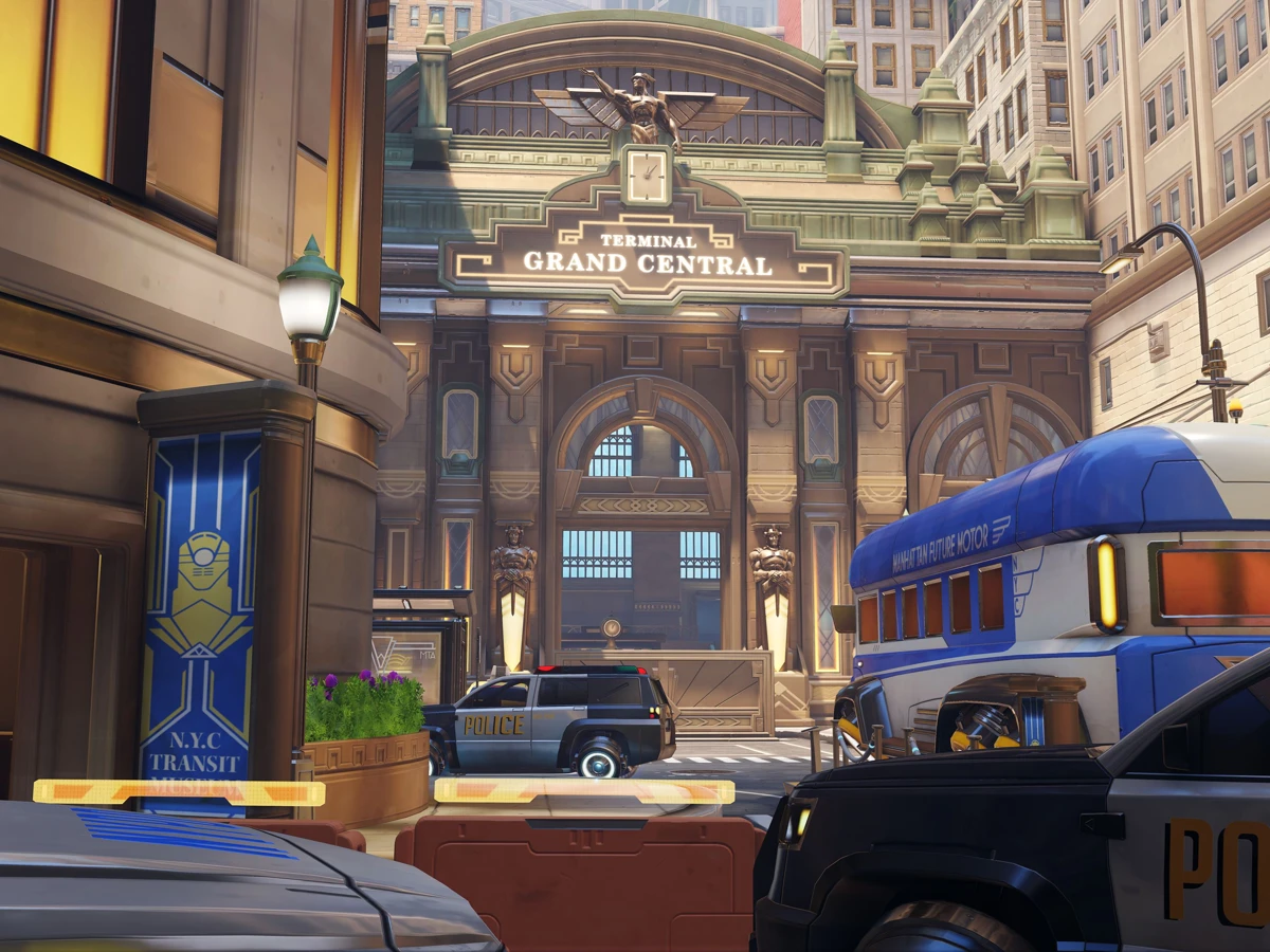 Grand Central station and a yellow bus in an official historical Overwatch Midtown screenshot