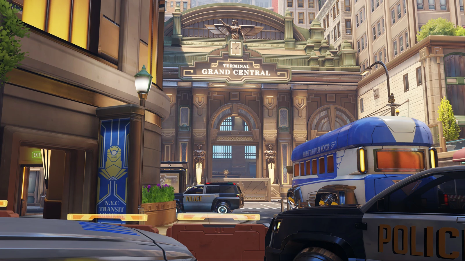Grand Central station and a yellow bus in an official historical Overwatch Midtown screenshot