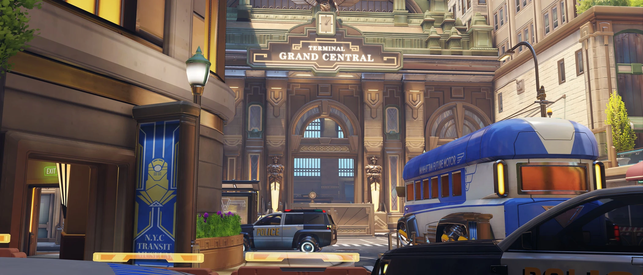 Grand Central station and a yellow bus in an official historical Overwatch Midtown screenshot