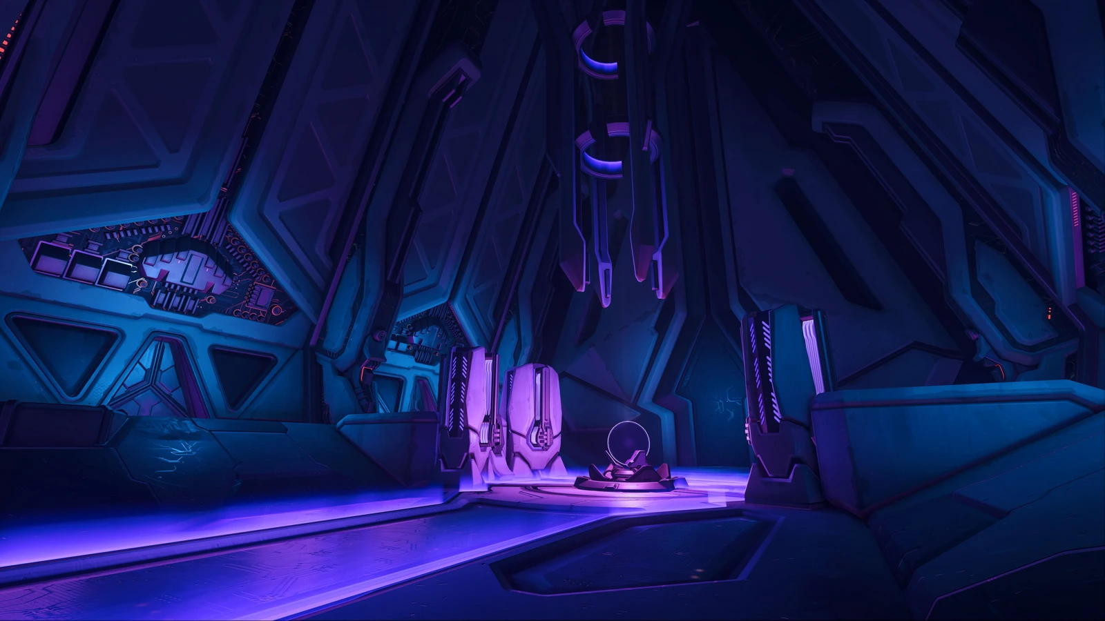A purple-lit interior on the Rio map in an official historical Overwatch press screenshot