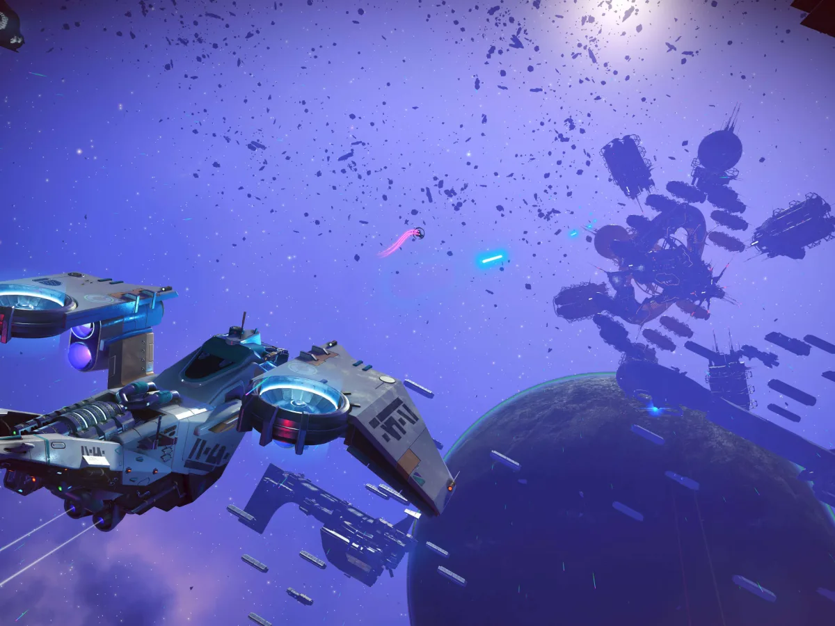 A Corvette-class ship approaches a large space station above a planet in No Man's Sky Cosmos.