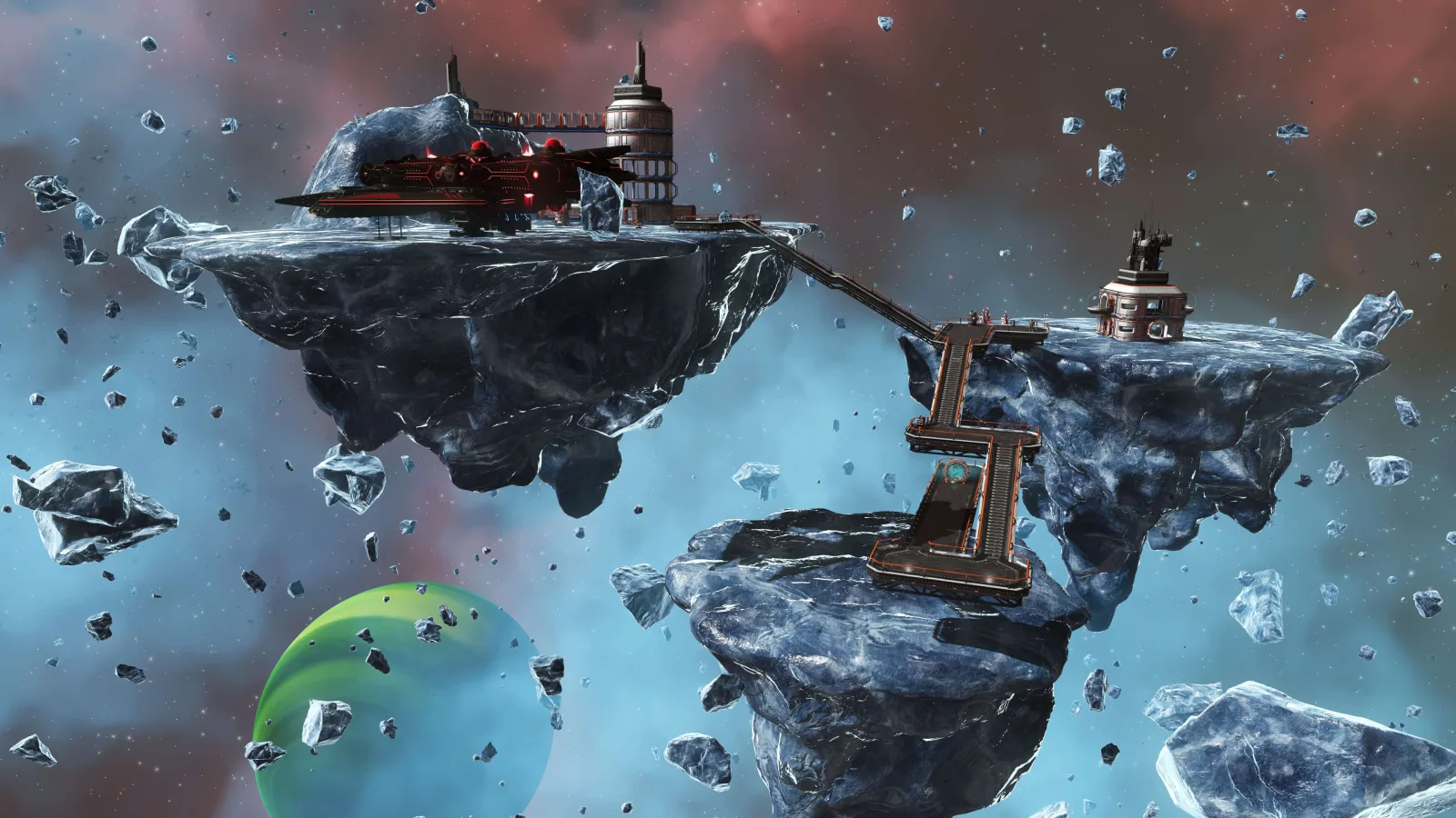 A ship is parked beside a deep-space outpost built across floating asteroids in No Man's Sky Cosmos.