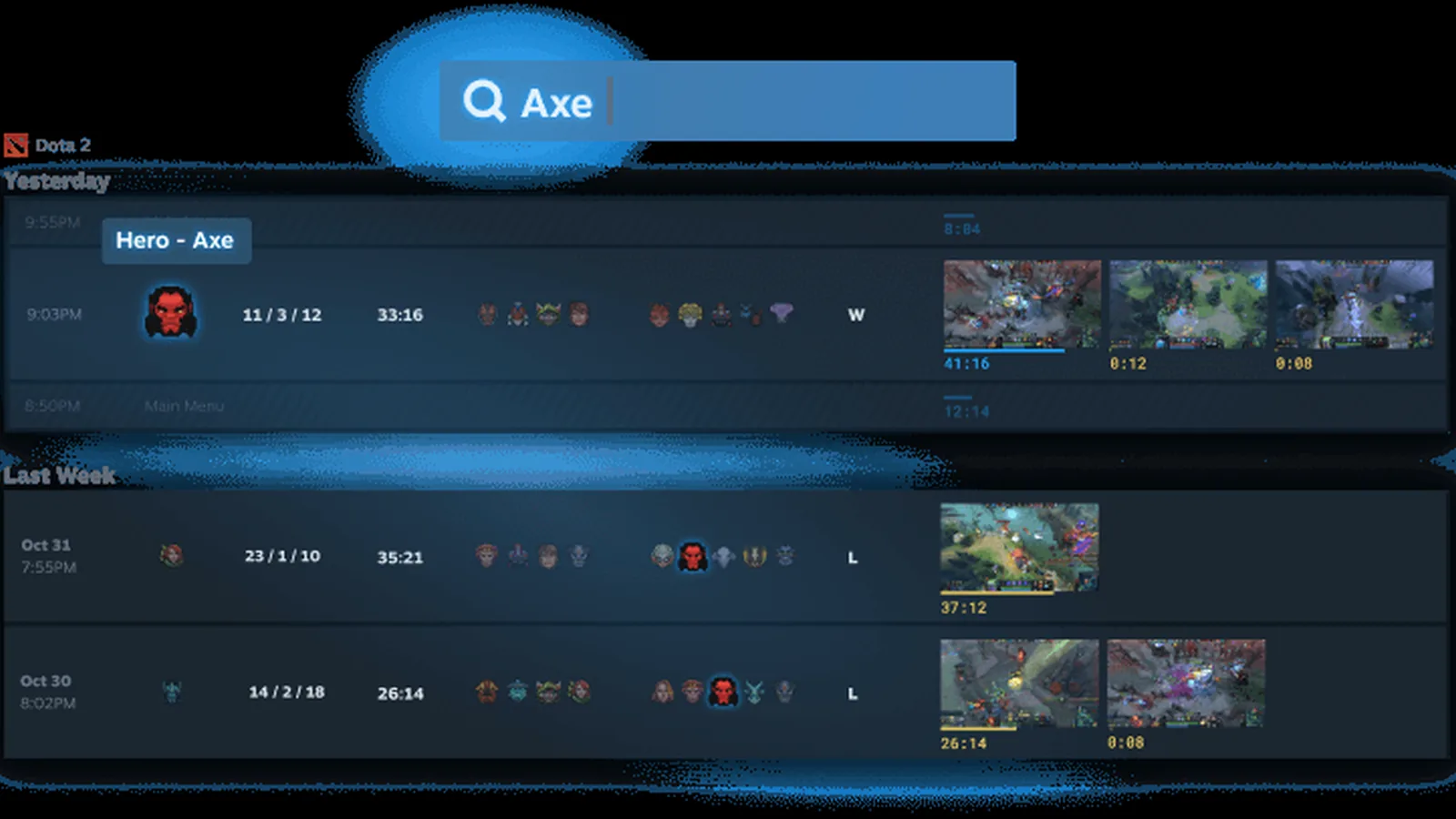 Steam's recordings list shows Dota 2 sessions with saved clips and timeline markers.