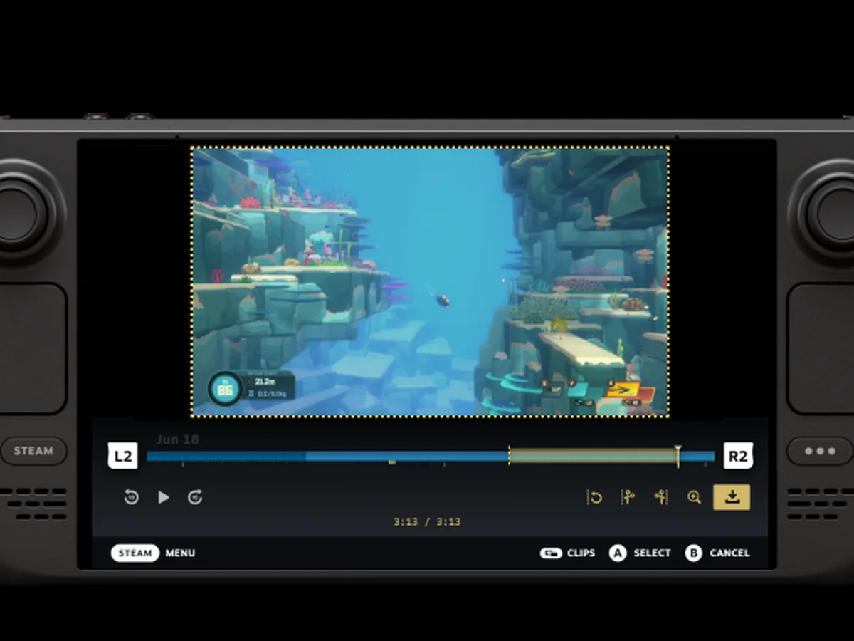 A Steam Deck displays the Steam Game Recording timeline and clip controls.