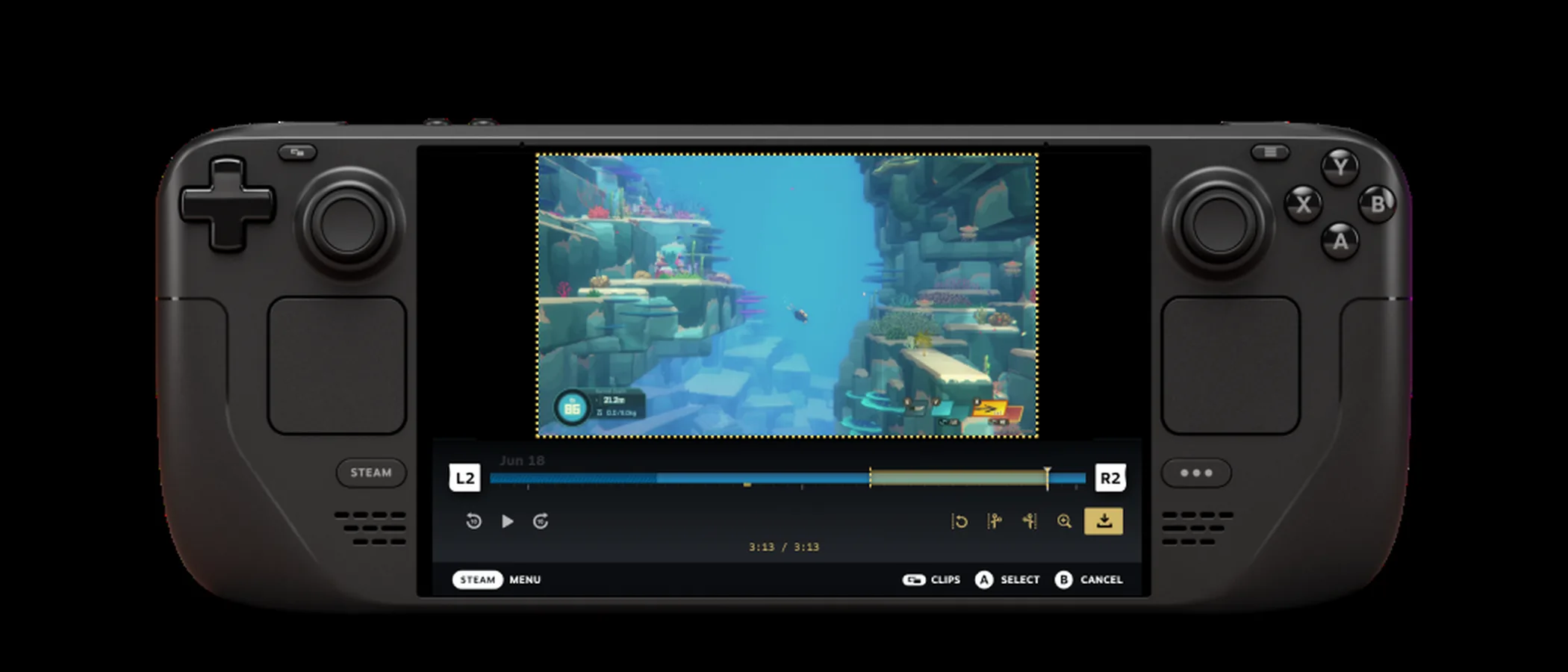 A Steam Deck displays the Steam Game Recording timeline and clip controls.