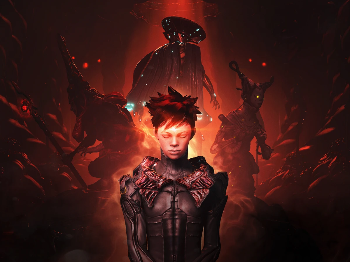 Historical Warframe artwork shows an Operator surrounded by armoured figures in red light.