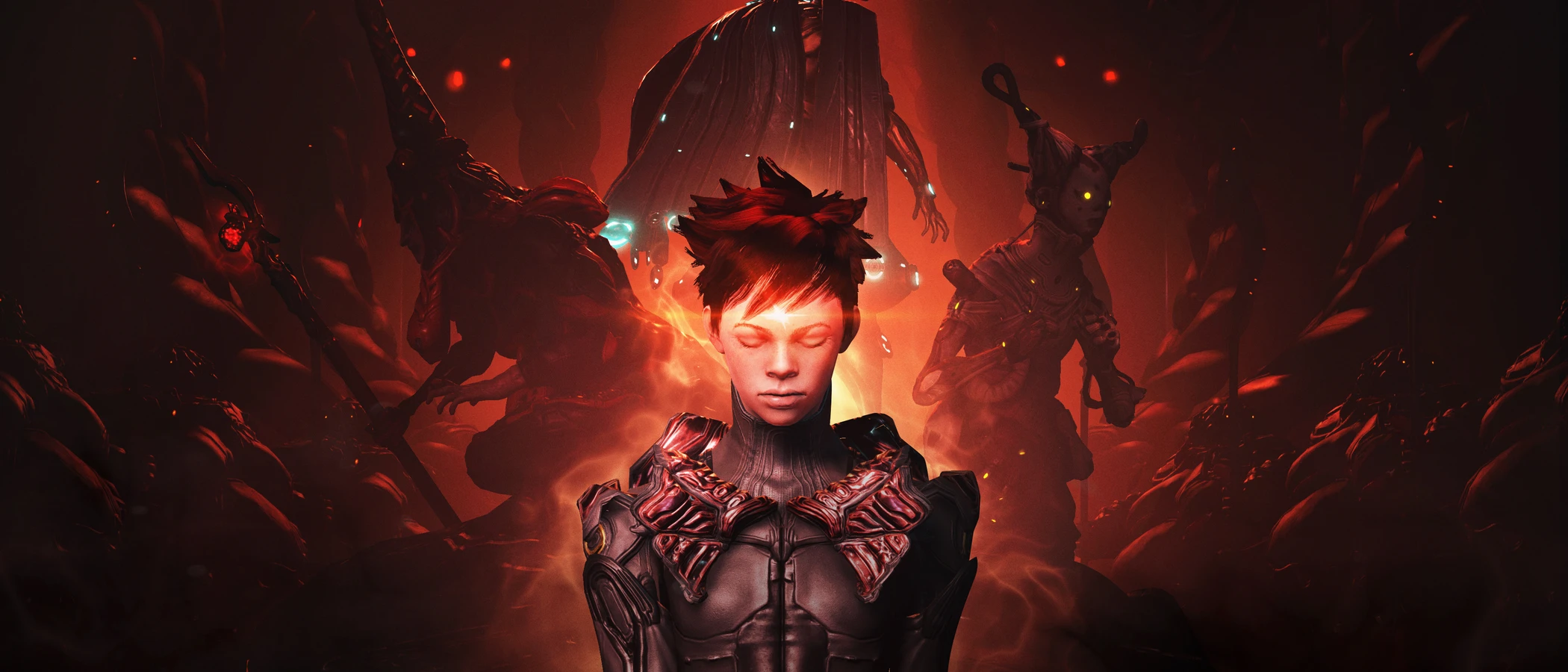 Historical Warframe artwork shows an Operator surrounded by armoured figures in red light.