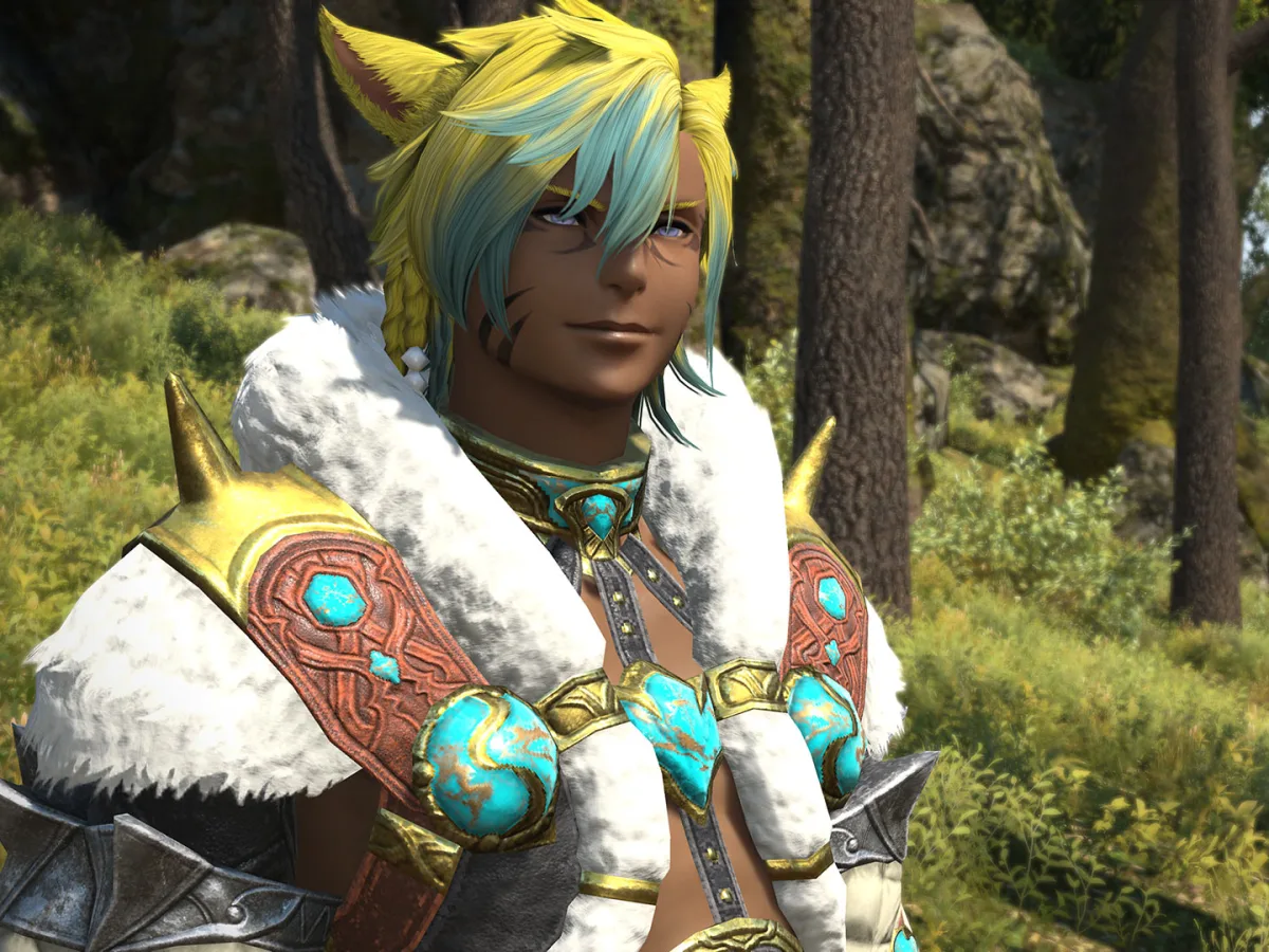 A blond, cat-eared Final Fantasy XIV character in fur-trimmed armour stands in a sunlit forest.