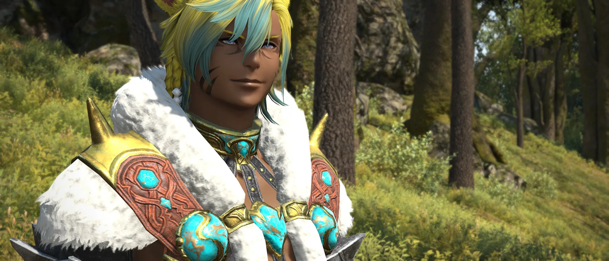 A blond, cat-eared Final Fantasy XIV character in fur-trimmed armour stands in a sunlit forest.