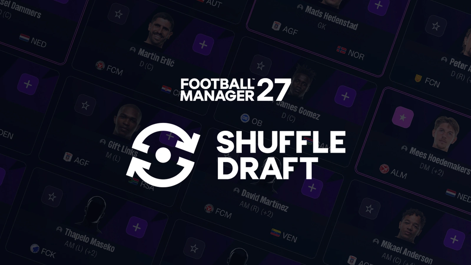 Football Manager 27 Shuffle Draft logo over a background of footballer selection cards.