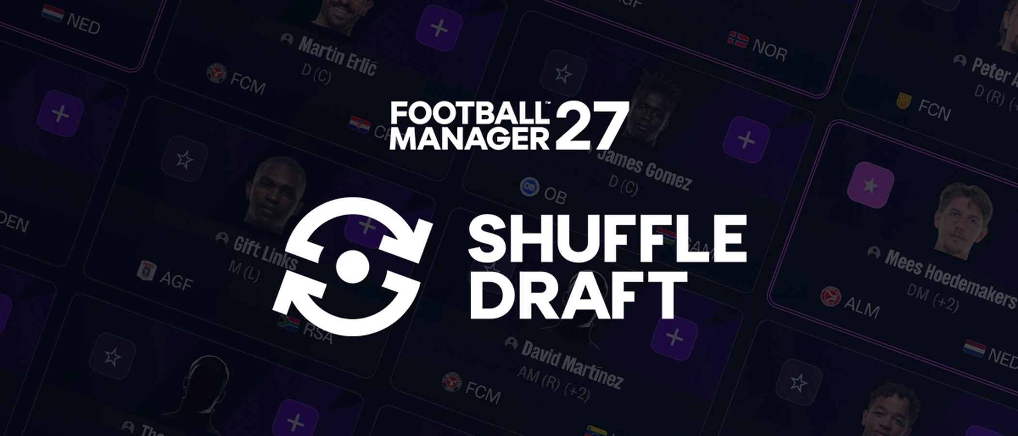 Football Manager 27 Shuffle Draft logo over a background of footballer selection cards.