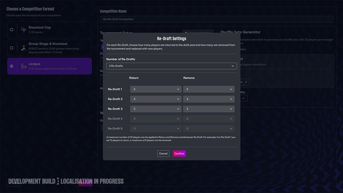 Re-Draft Settings menu with the number of re-drafts and controls for returns and removals.