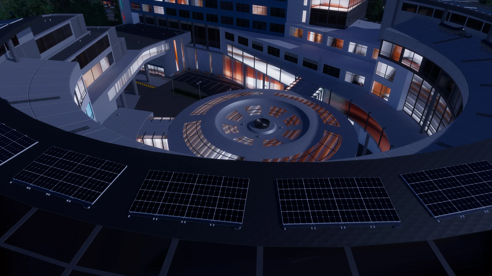 An official Cities Skylines II screenshot of a circular courtyard surrounded by illuminated buildings