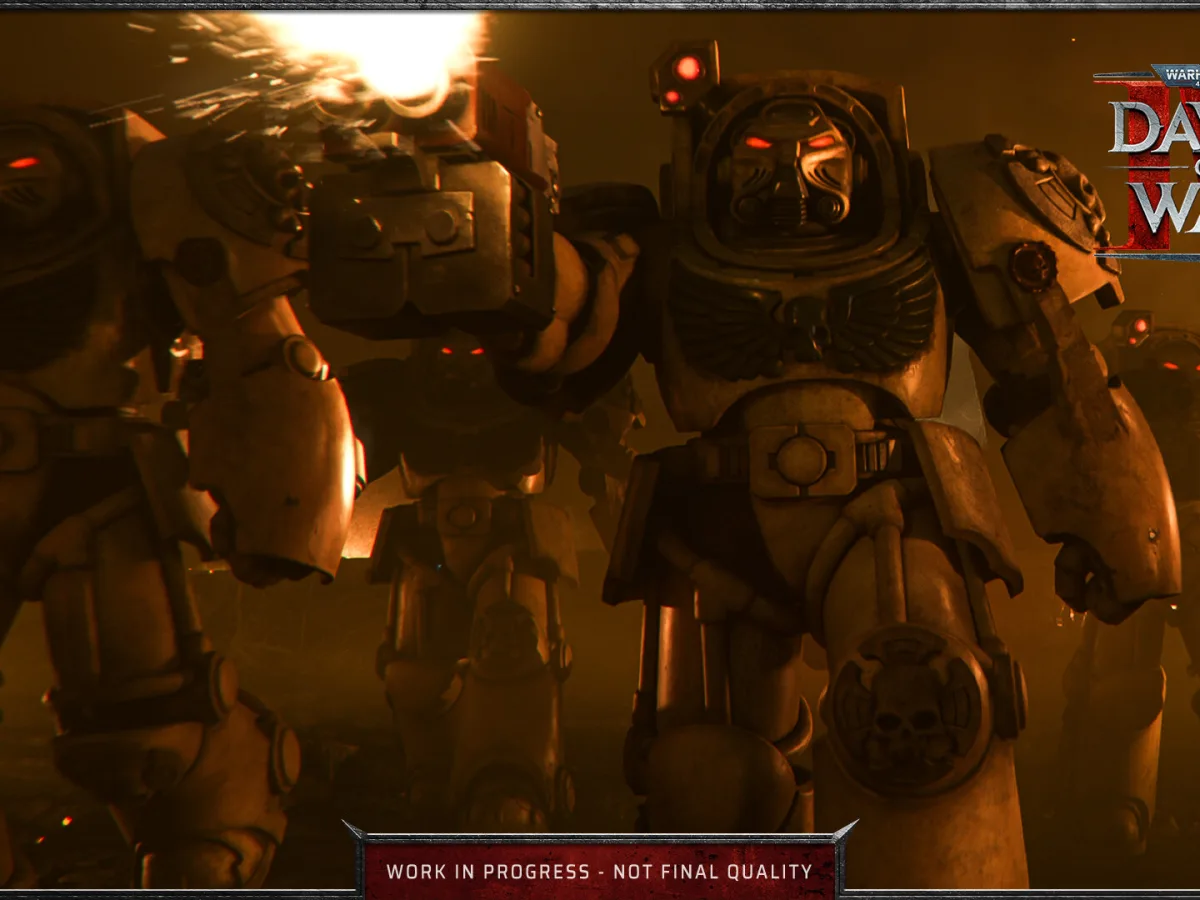 Necron troops and armoured vehicles advance across a battlefield in Warhammer 40,000: Dawn of War IV.