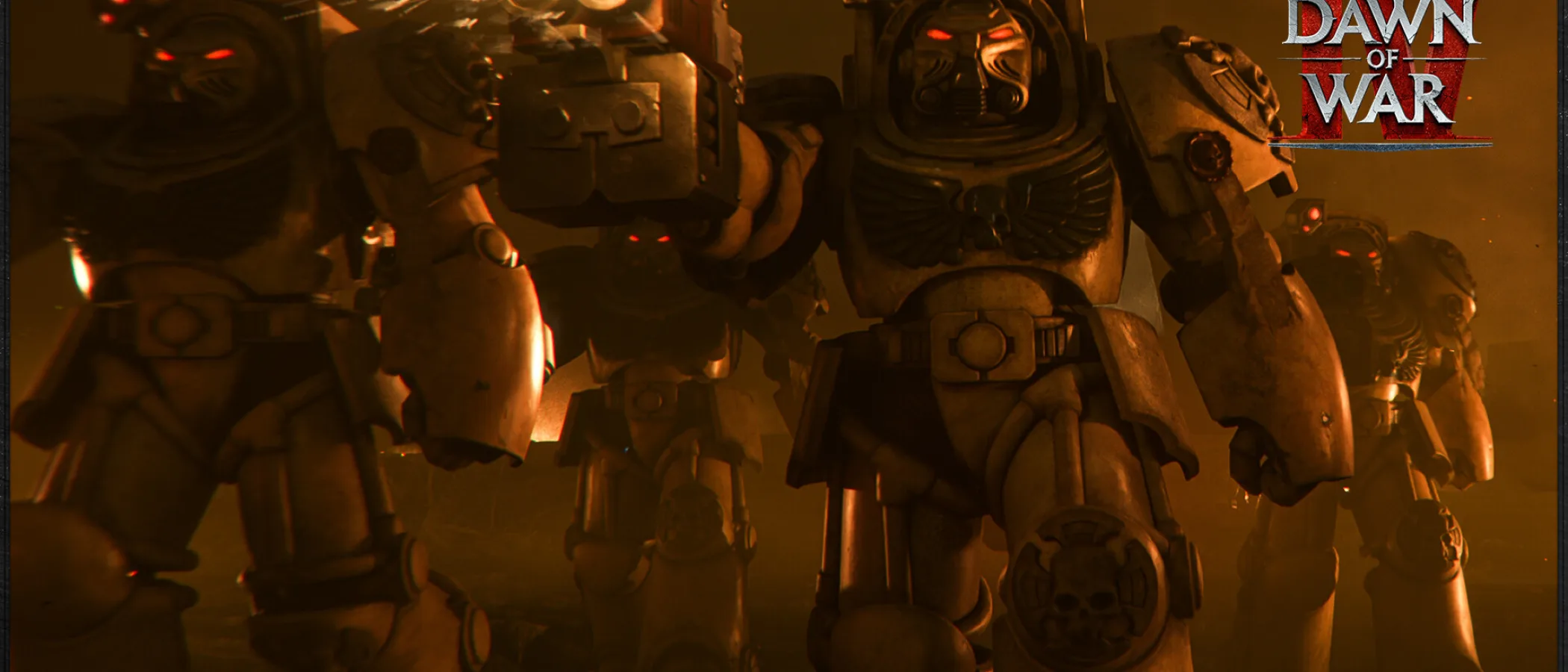 Necron troops and armoured vehicles advance across a battlefield in Warhammer 40,000: Dawn of War IV.