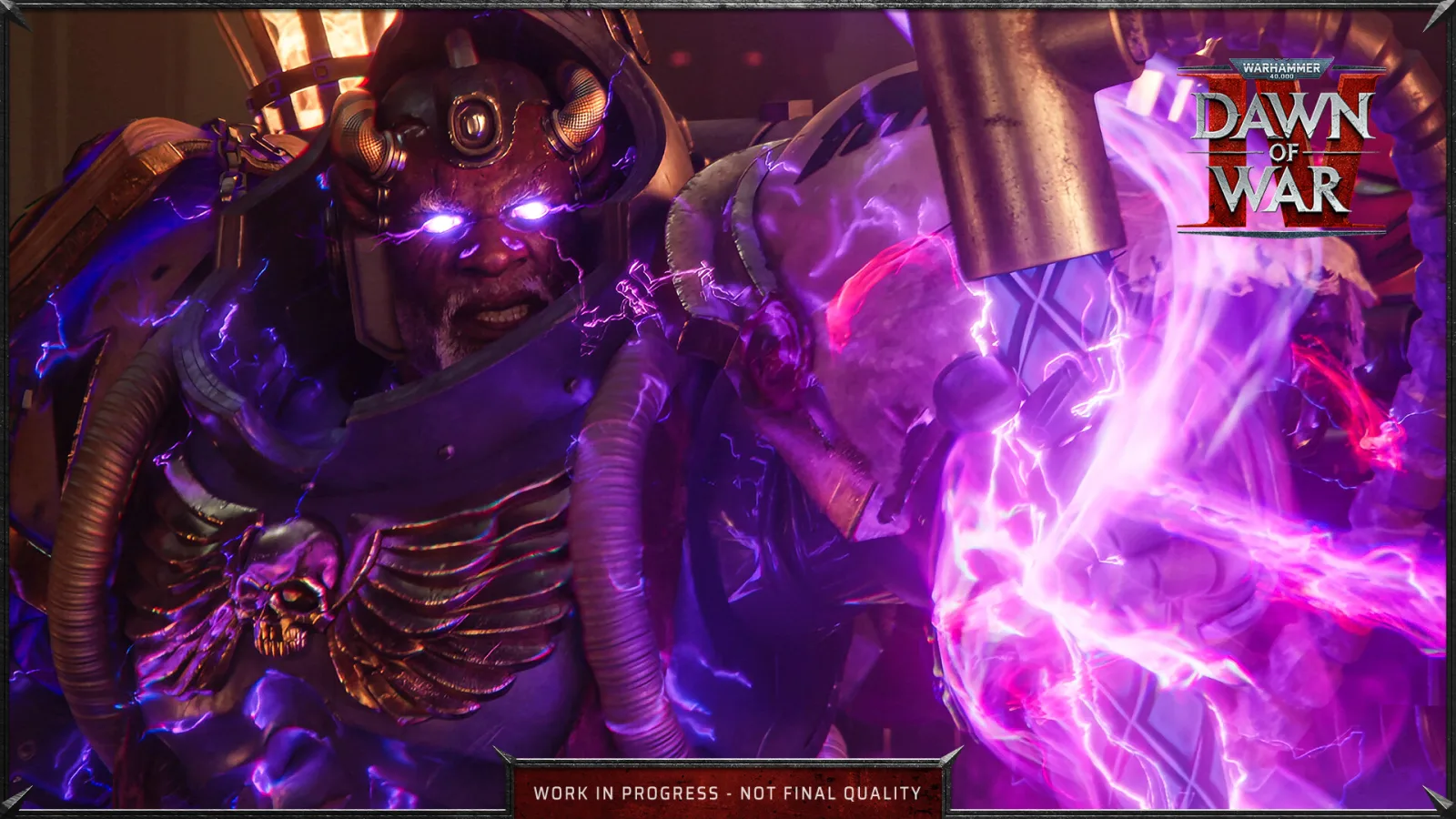Ork units gather around structures on a battlefield in Warhammer 40,000: Dawn of War IV.