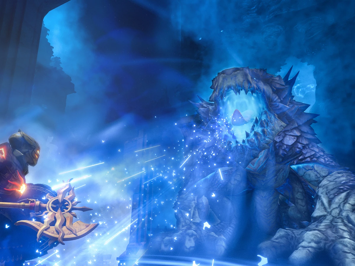 An armoured adventurer attacks a large blue-lit creature in Enshrouded.