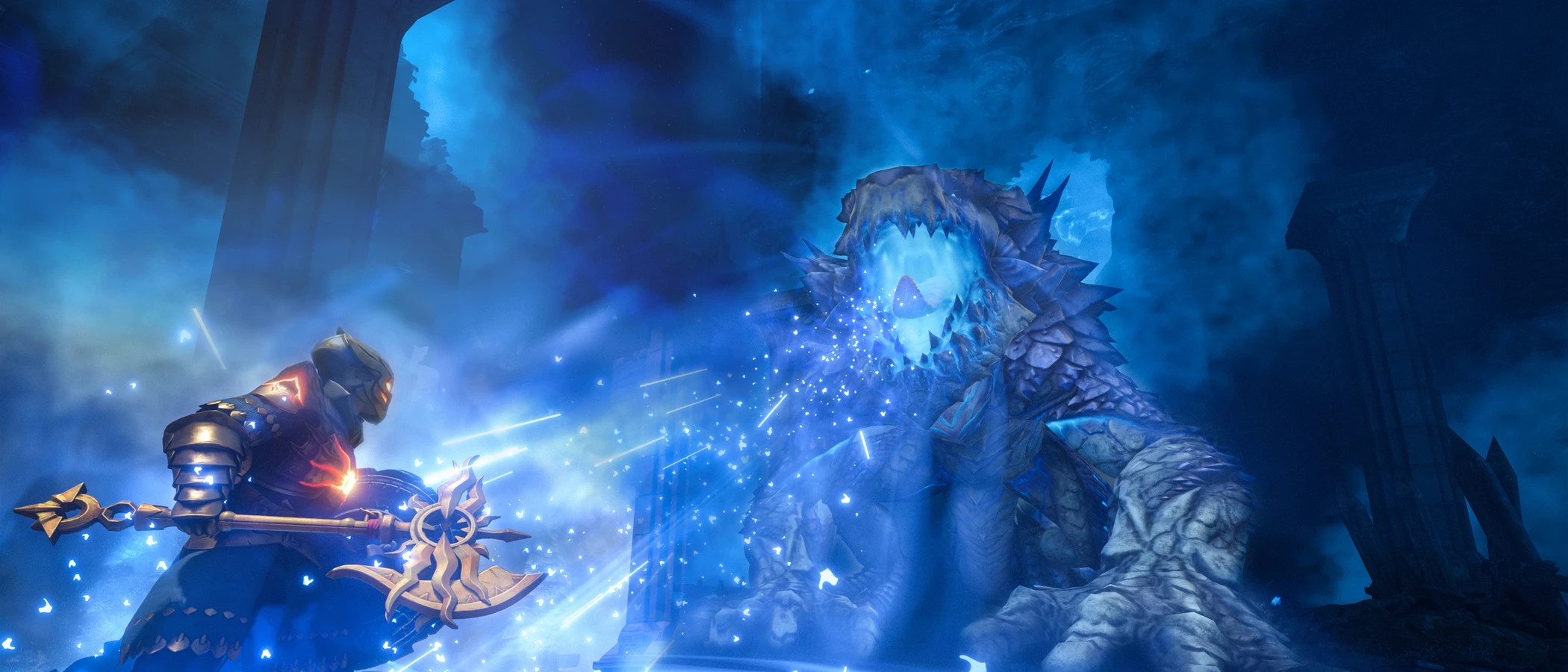 An armoured adventurer attacks a large blue-lit creature in Enshrouded.