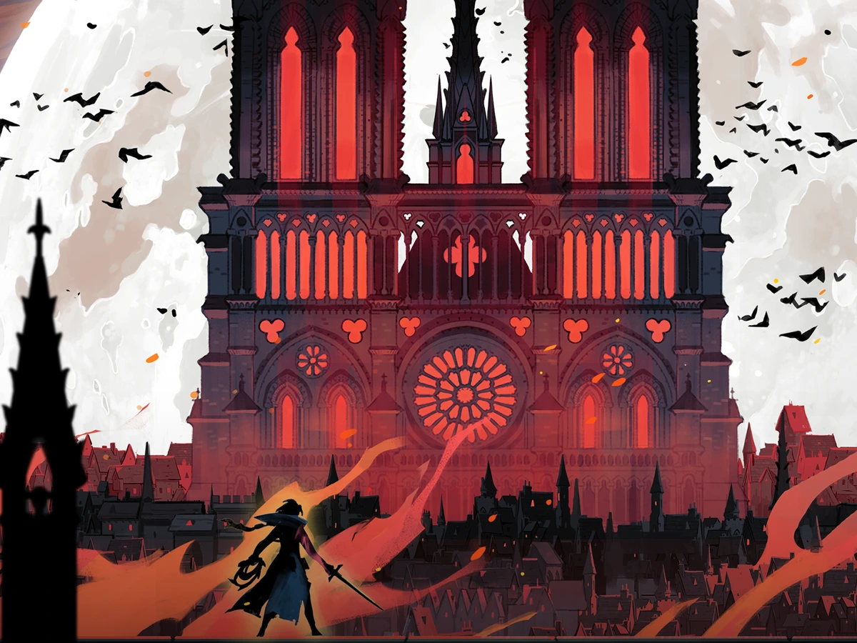 Castlevania demo artwork shows Rose Belmont facing a burning cathedral in Paris.
