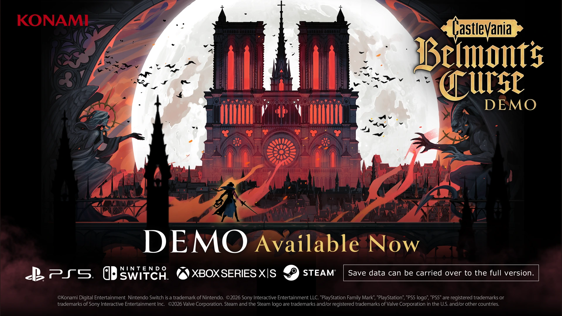 Official Castlevania demo banner lists supported platforms and save-data carry-over.