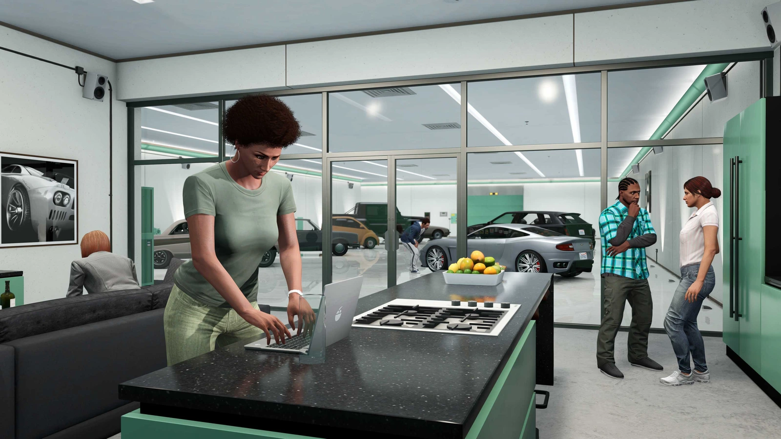 Players stand in an Eclipse Boulevard garage lounge with cars visible behind glass.