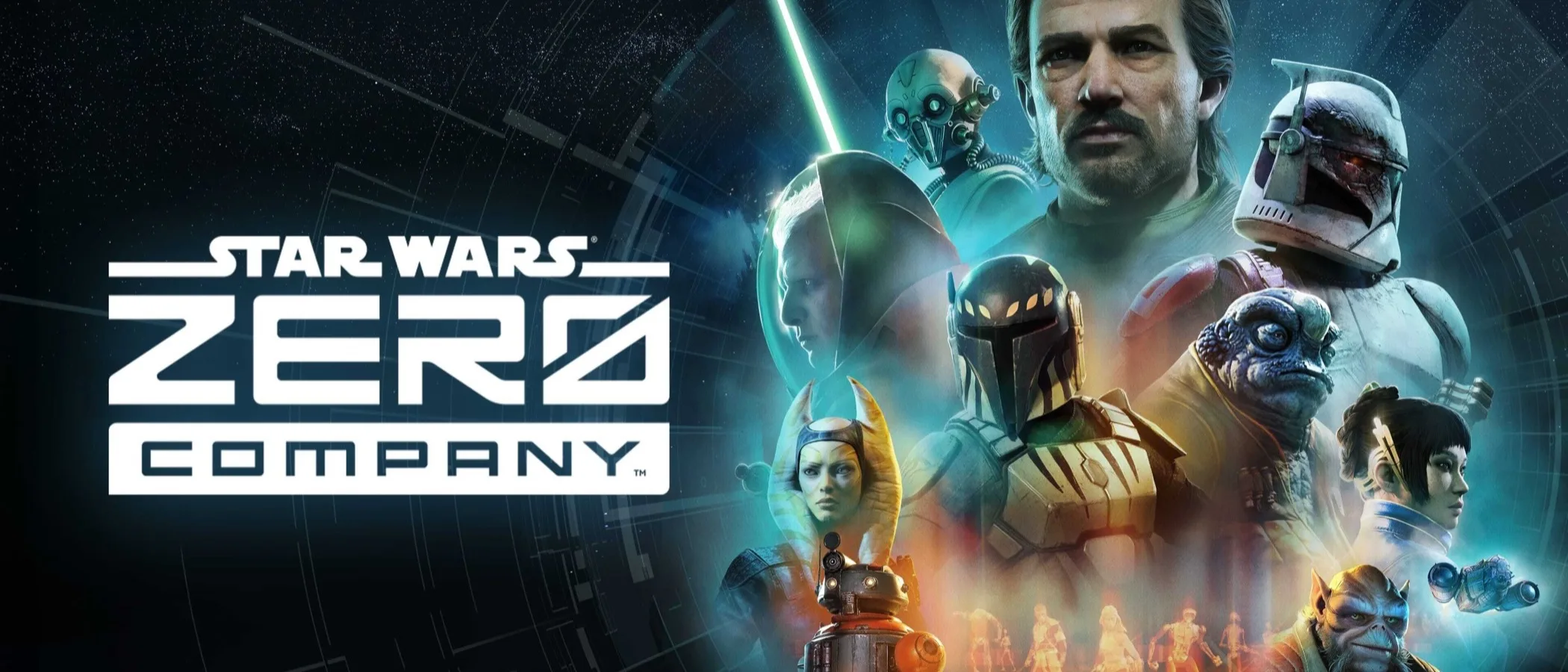 The Star Wars Zero Company squad stands against a dark galactic backdrop.
