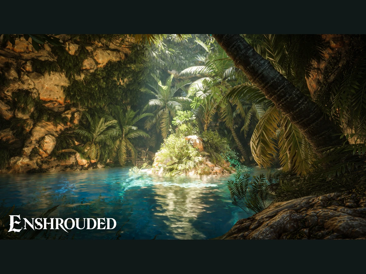 Sunlight falls on a small island surrounded by blue water inside a leafy Enshrouded cave.