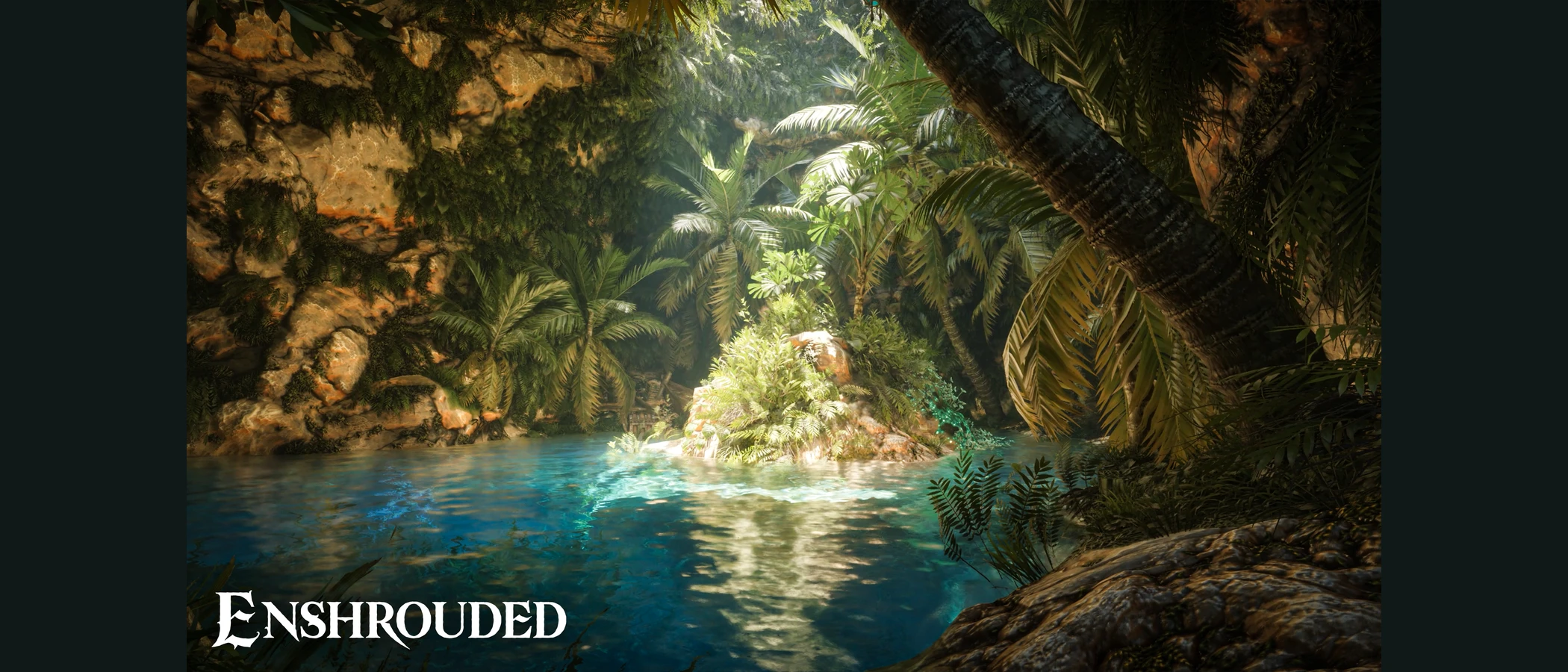 Sunlight falls on a small island surrounded by blue water inside a leafy Enshrouded cave.
