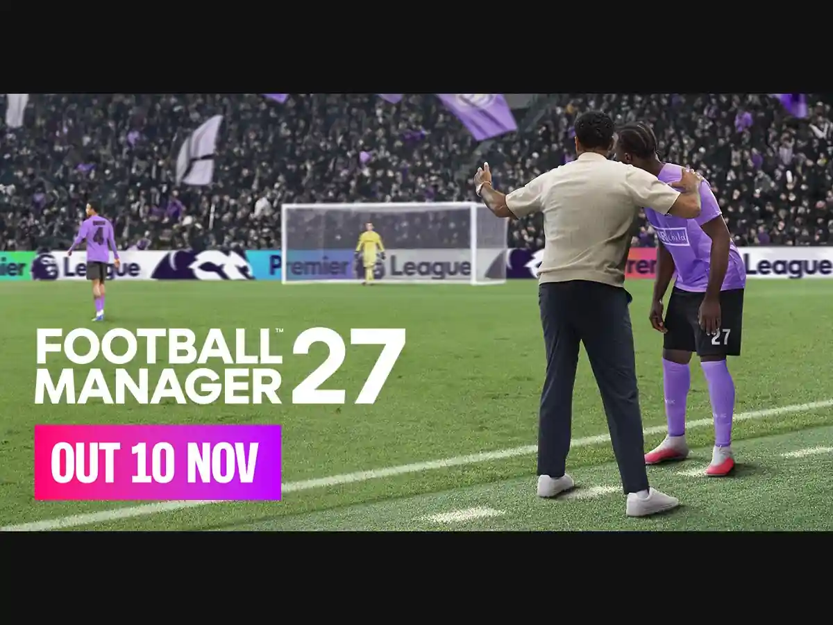 A coach and football player beside the Football Manager 27 title.