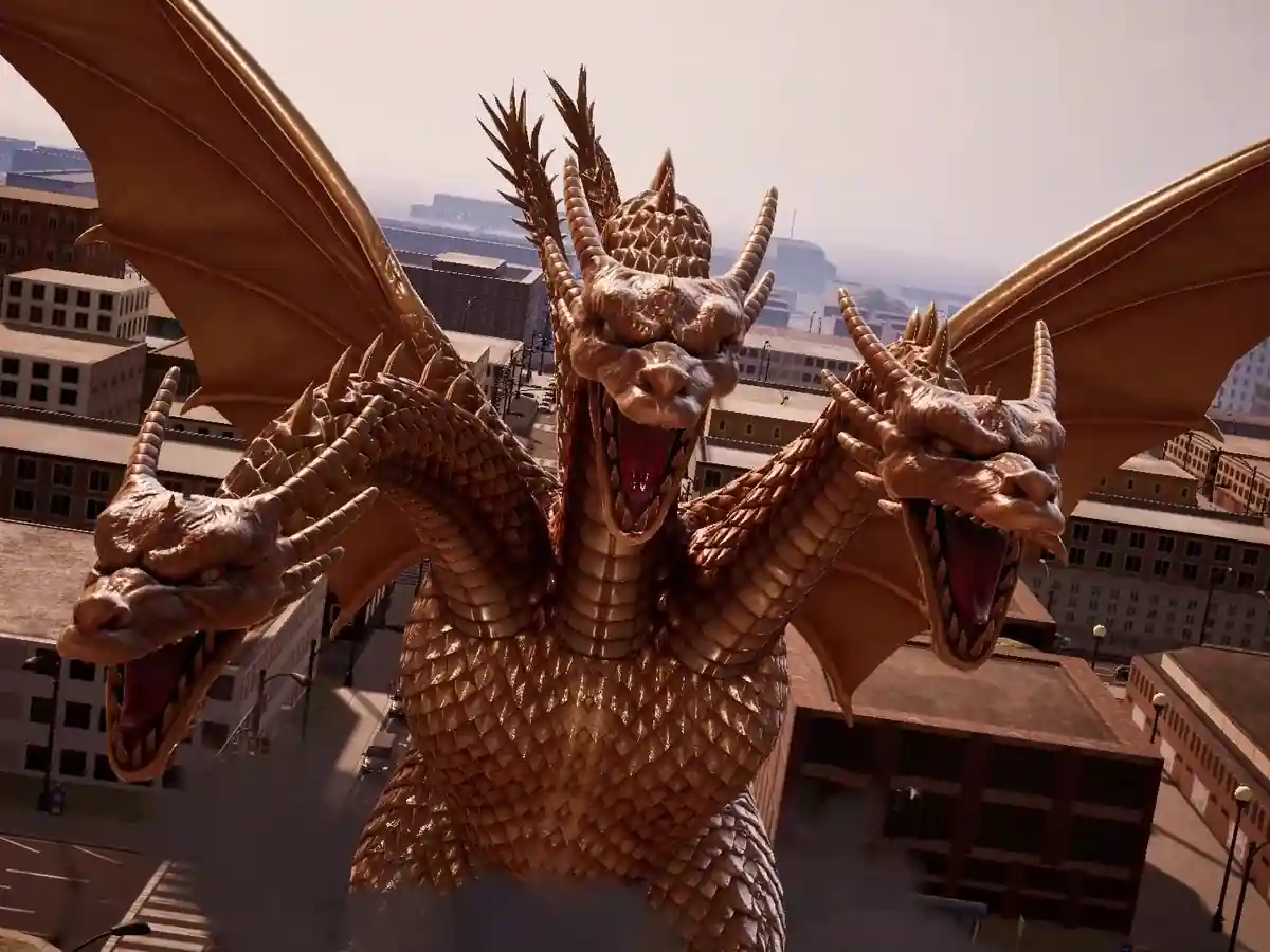 A winged kaiju towering over buildings in Godzilla: Destroy All Monsters Melee Remastered.