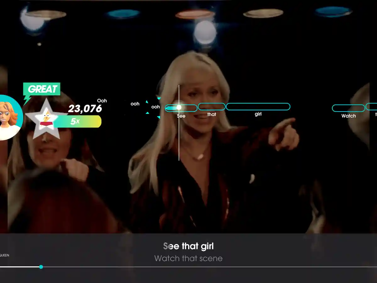 A karaoke scoring track over an ABBA music video in Let’s Sing ABBA.