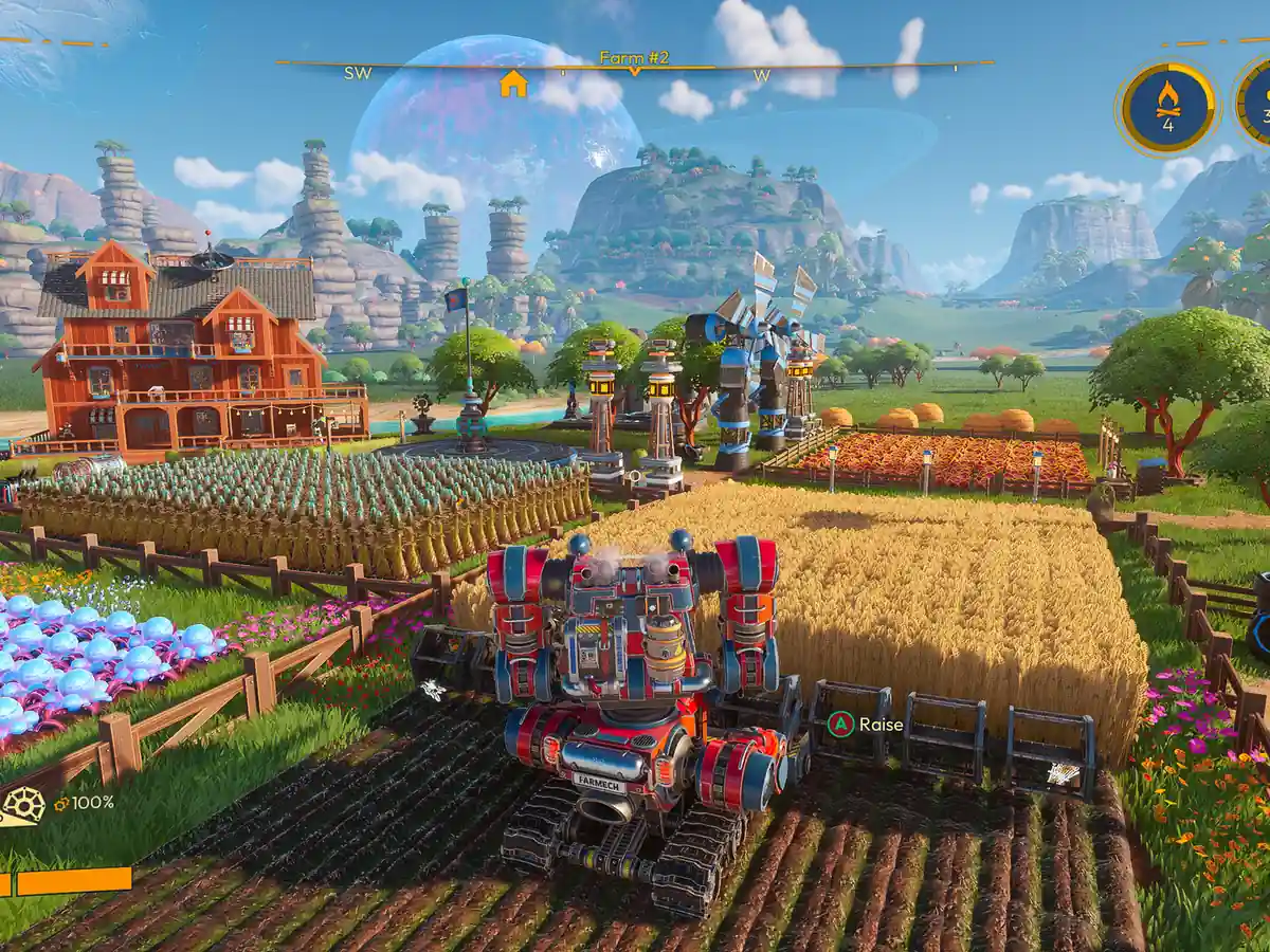 A mech beside fields of crops in Lightyear Frontier.