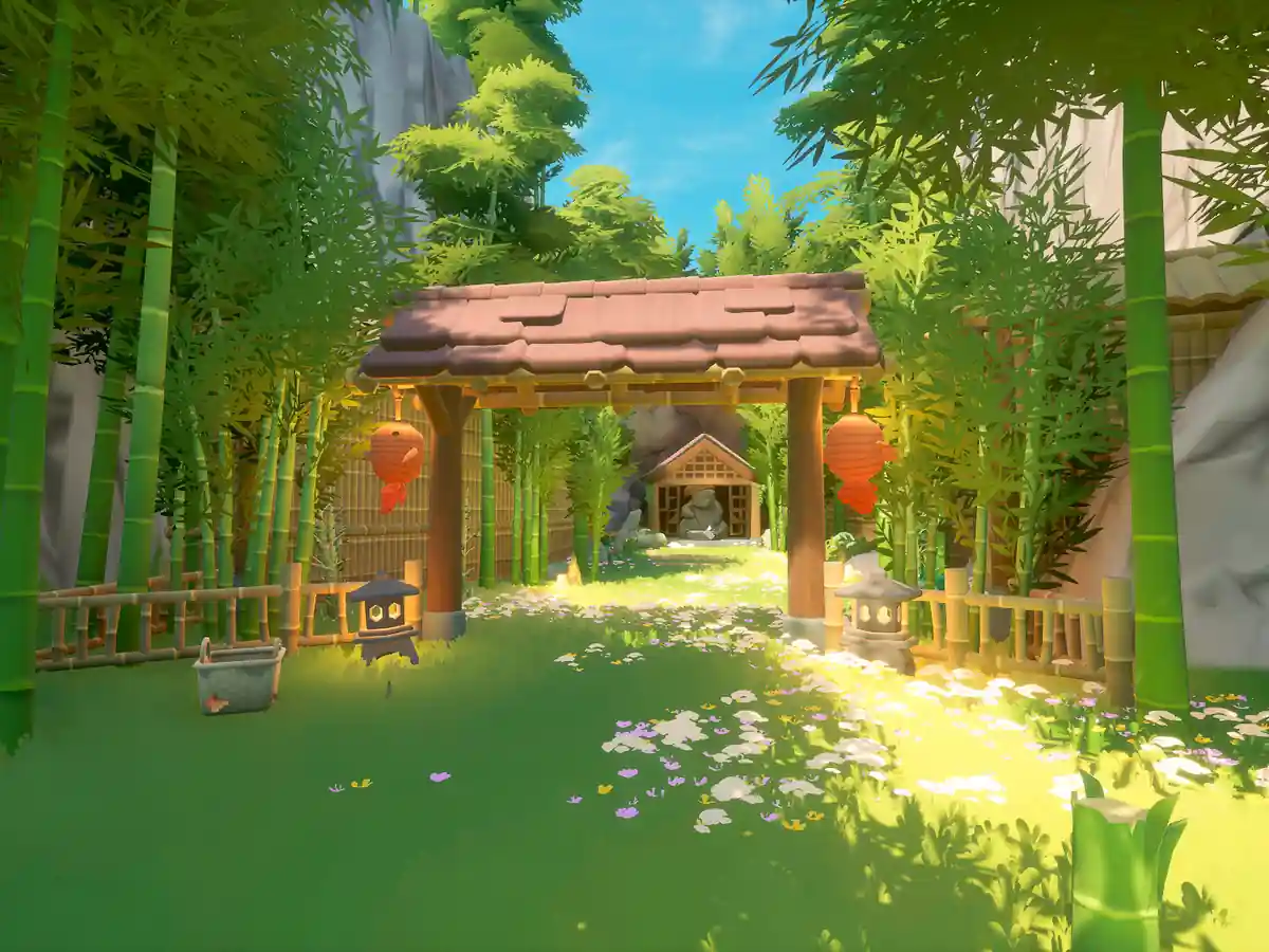 A bamboo-lined garden and wooden house in Loftia.