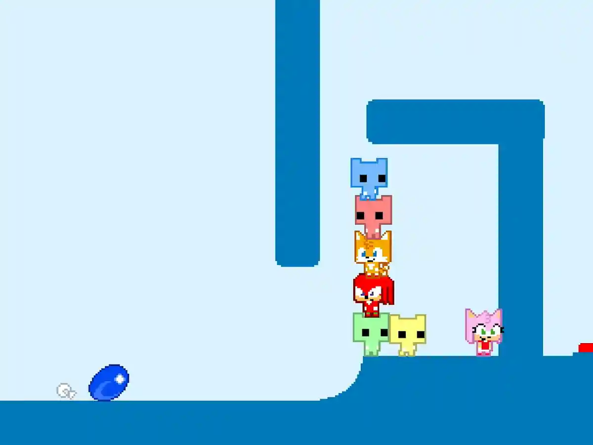 A stack of colourful characters solving a puzzle in SONIC PICO PARK.