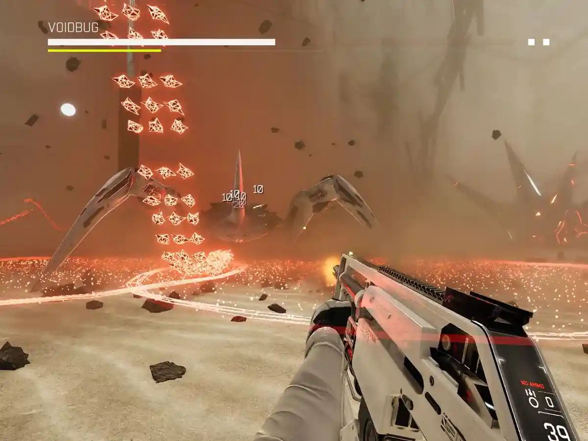 A first-person weapon aimed at an enemy in VOID/BREAKER.