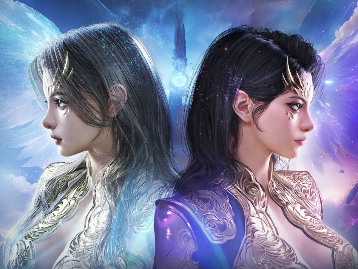 Two armoured AION 2 characters face opposite directions against blue and violet skies.