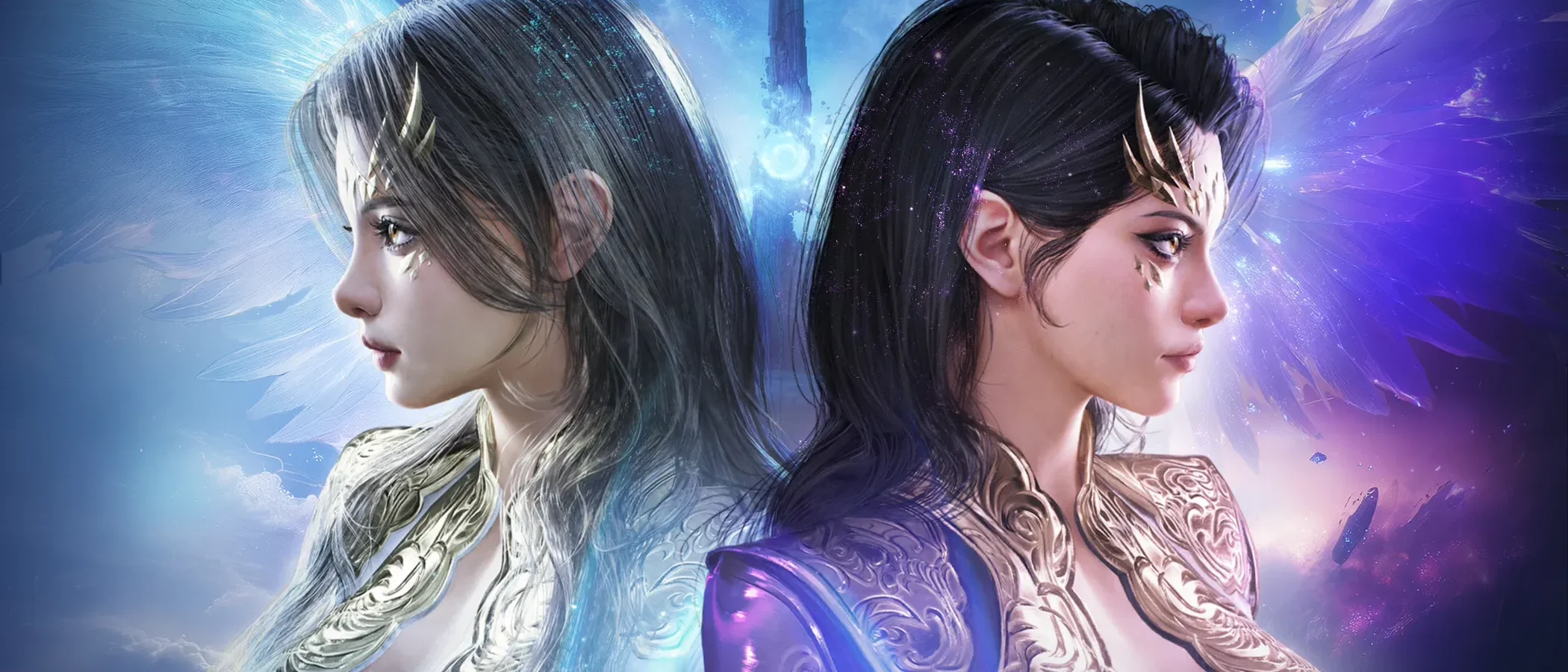 Two armoured AION 2 characters face opposite directions against blue and violet skies.