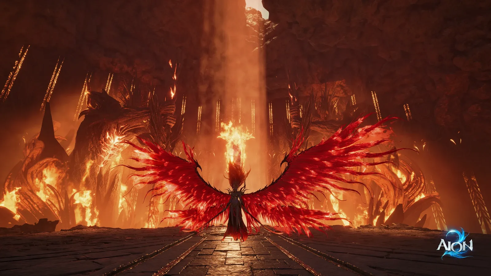 A winged figure rises before a fiery cavern and a large red creature.