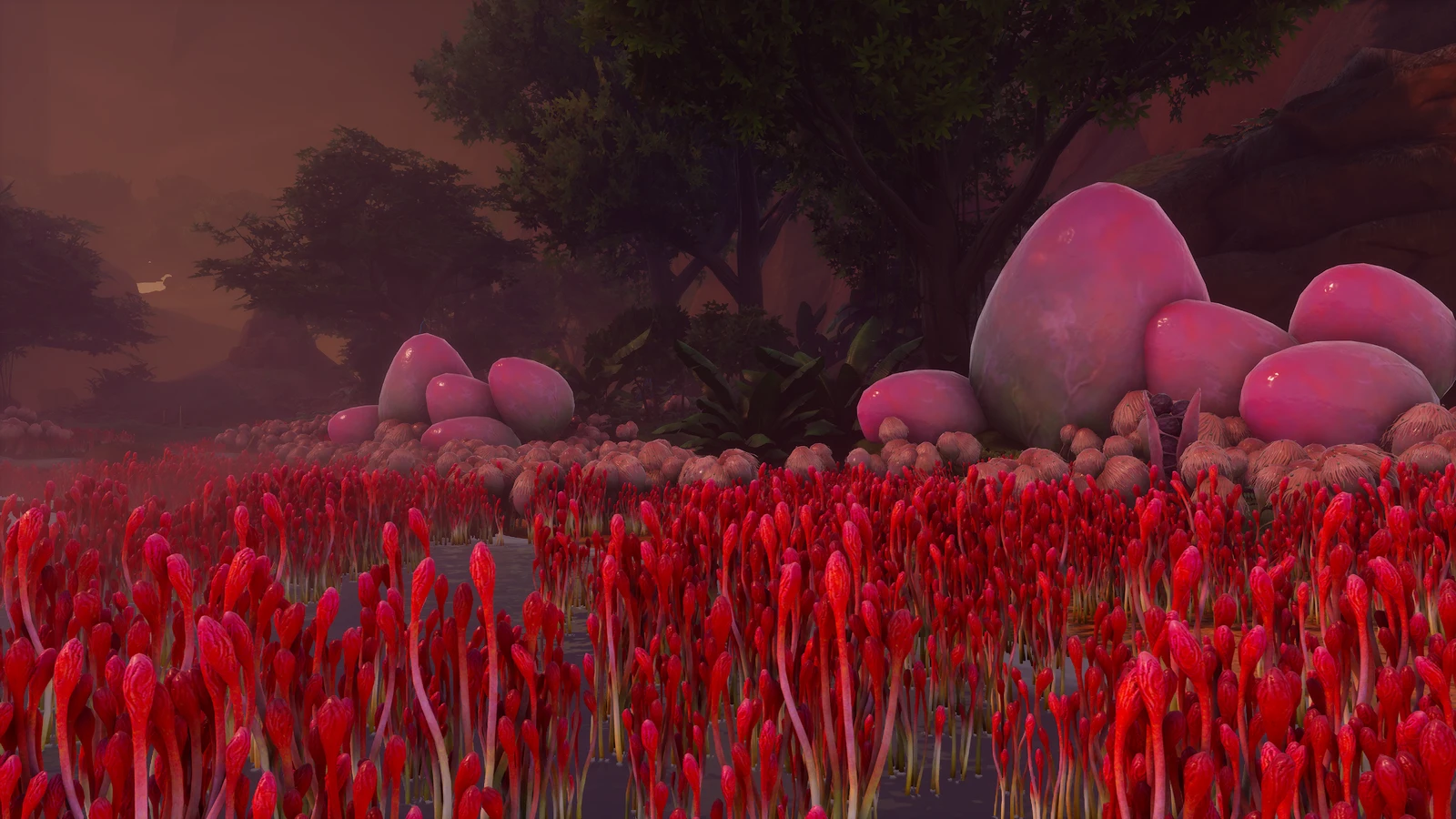 Red stalks and large pink bulbs cover the ground beneath trees in Blind Descent.